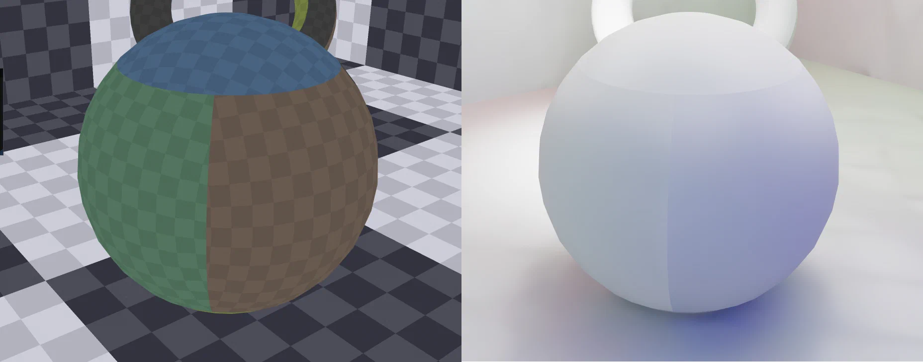 Artifact: Lighting discontinuities at chart seams. Left: chart segmentation (color-coded). Right: generated lightmap. Discontinuities appear along chart boundaries.